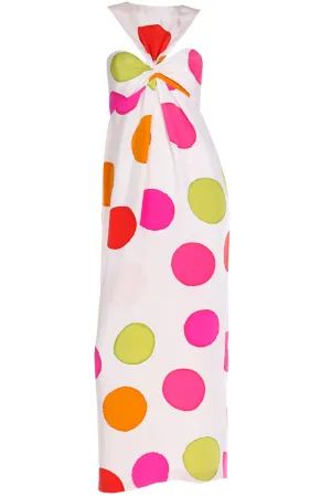 1994 Bill Blass Silk Colorful Dot Vintage Runway Halter Dress