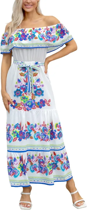 ACOSAP Women's Mexican Dress Summer Floral Print Off The Shoulder Sleeveless Beach Long Maxi Dress