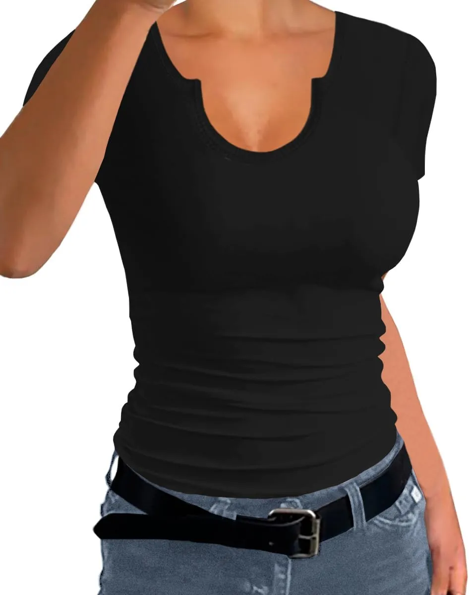 Afibi Womens Tops V Neck Summer Short Sleeve Casual Slim Fitted Tshirt Ribbed Basic Tee Tops