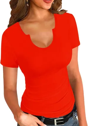 Afibi Womens Tops V Neck Summer Short Sleeve Casual Slim Fitted Tshirt Ribbed Basic Tee Tops