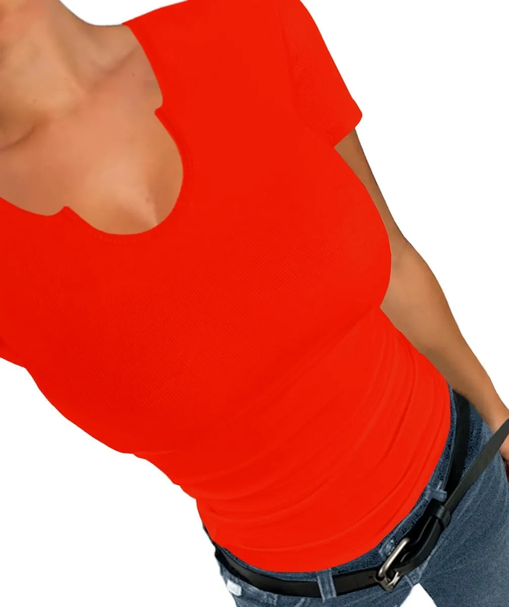 Afibi Womens Tops V Neck Summer Short Sleeve Casual Slim Fitted Tshirt Ribbed Basic Tee Tops