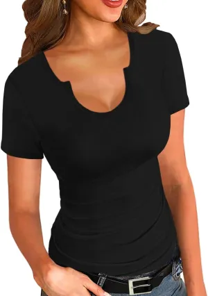 Afibi Womens Tops V Neck Summer Short Sleeve Casual Slim Fitted Tshirt Ribbed Basic Tee Tops