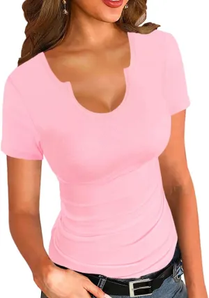 Afibi Womens Tops V Neck Summer Short Sleeve Casual Slim Fitted Tshirt Ribbed Basic Tee Tops