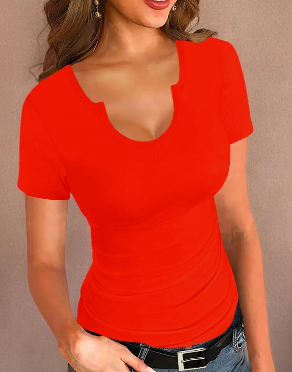 Afibi Womens Tops V Neck Summer Short Sleeve Casual Slim Fitted Tshirt Ribbed Basic Tee Tops