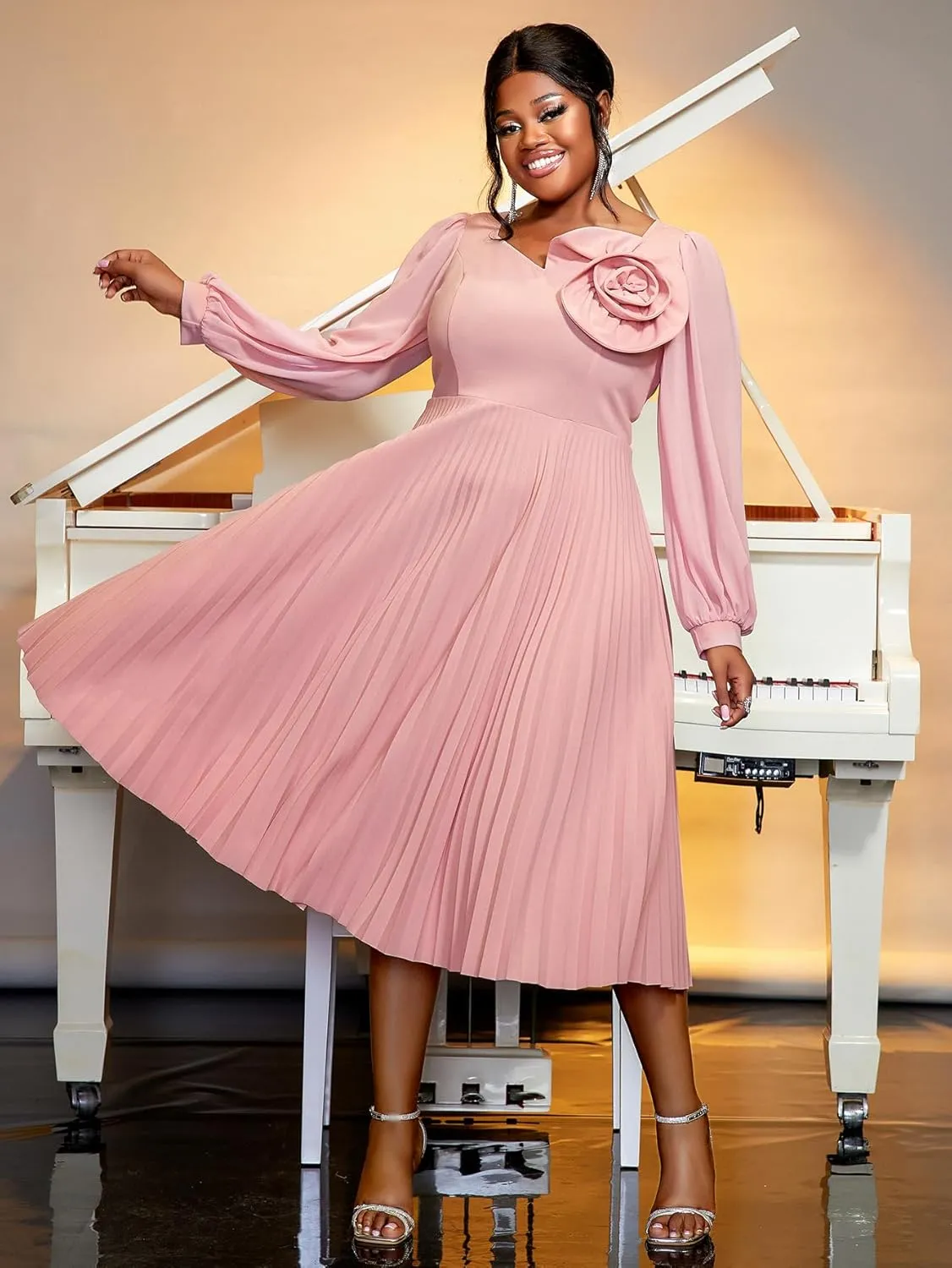 AOMEI Women's Chiffon Long Sleeve with Flower Pleated Elegant Midi Summer Dress