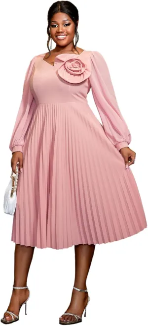 AOMEI Women's Chiffon Long Sleeve with Flower Pleated Elegant Midi Summer Dress