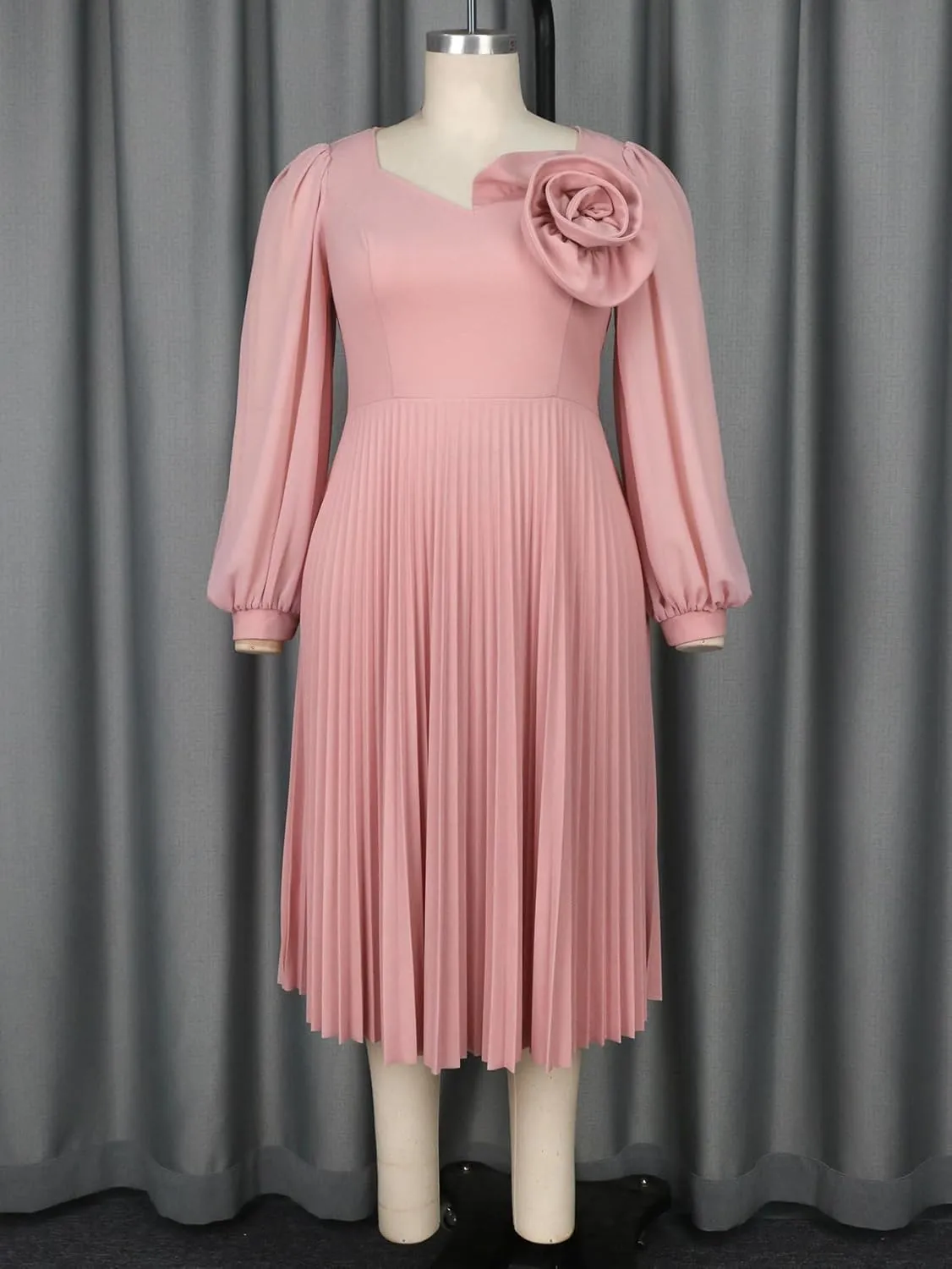 AOMEI Women's Chiffon Long Sleeve with Flower Pleated Elegant Midi Summer Dress