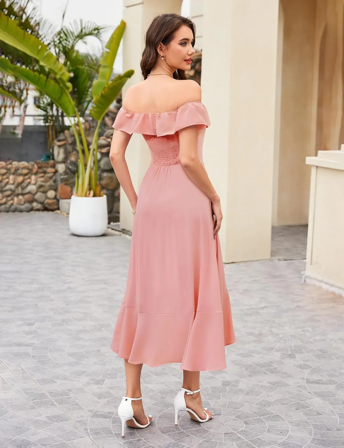 Aupuls Women Chiffon Off Shoulder Formal Dresses High Low Ruffle Midi Cocktail Wedding Guest Dress
