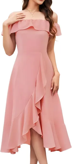 Aupuls Women Chiffon Off Shoulder Formal Dresses High Low Ruffle Midi Cocktail Wedding Guest Dress