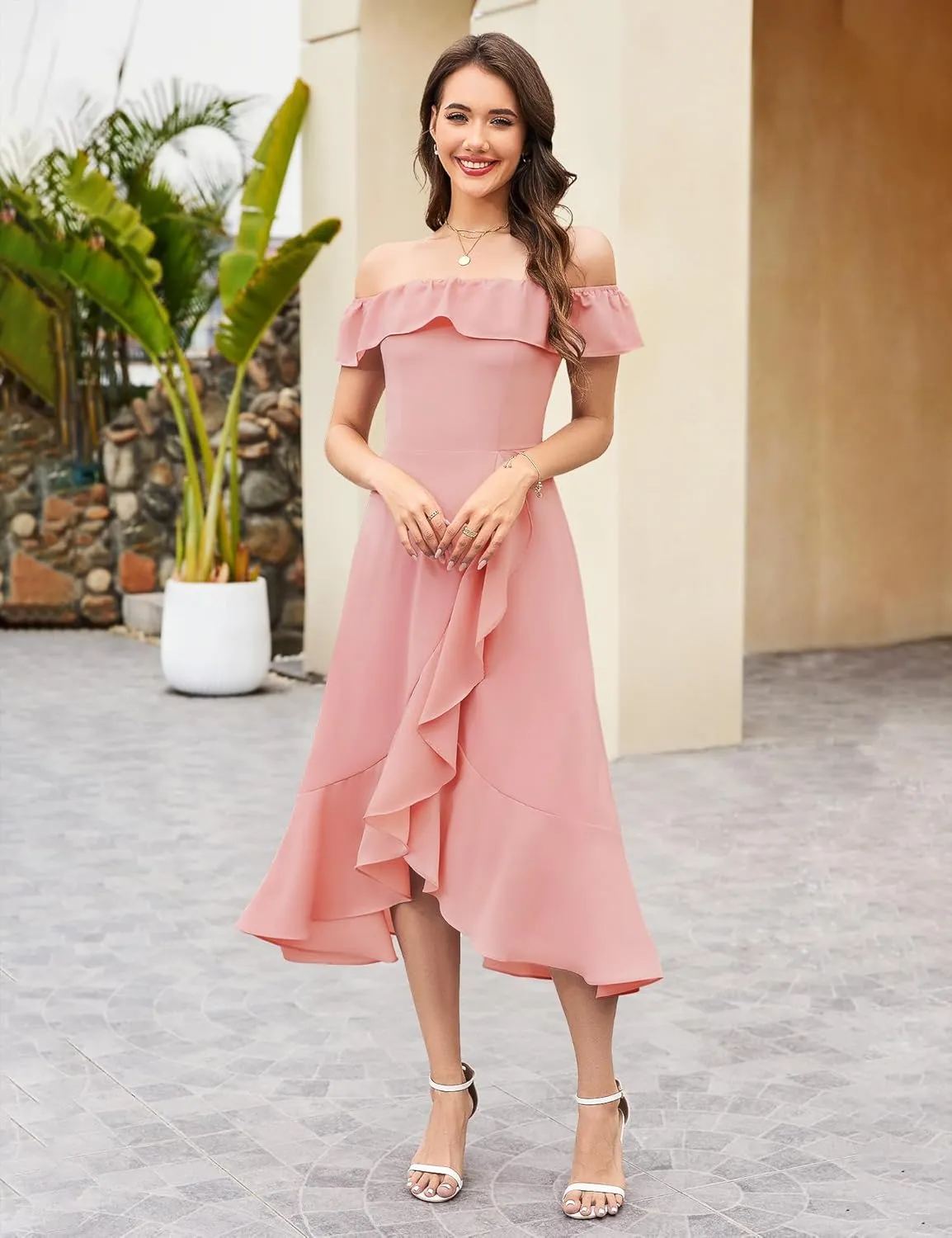 Aupuls Women Chiffon Off Shoulder Formal Dresses High Low Ruffle Midi Cocktail Wedding Guest Dress