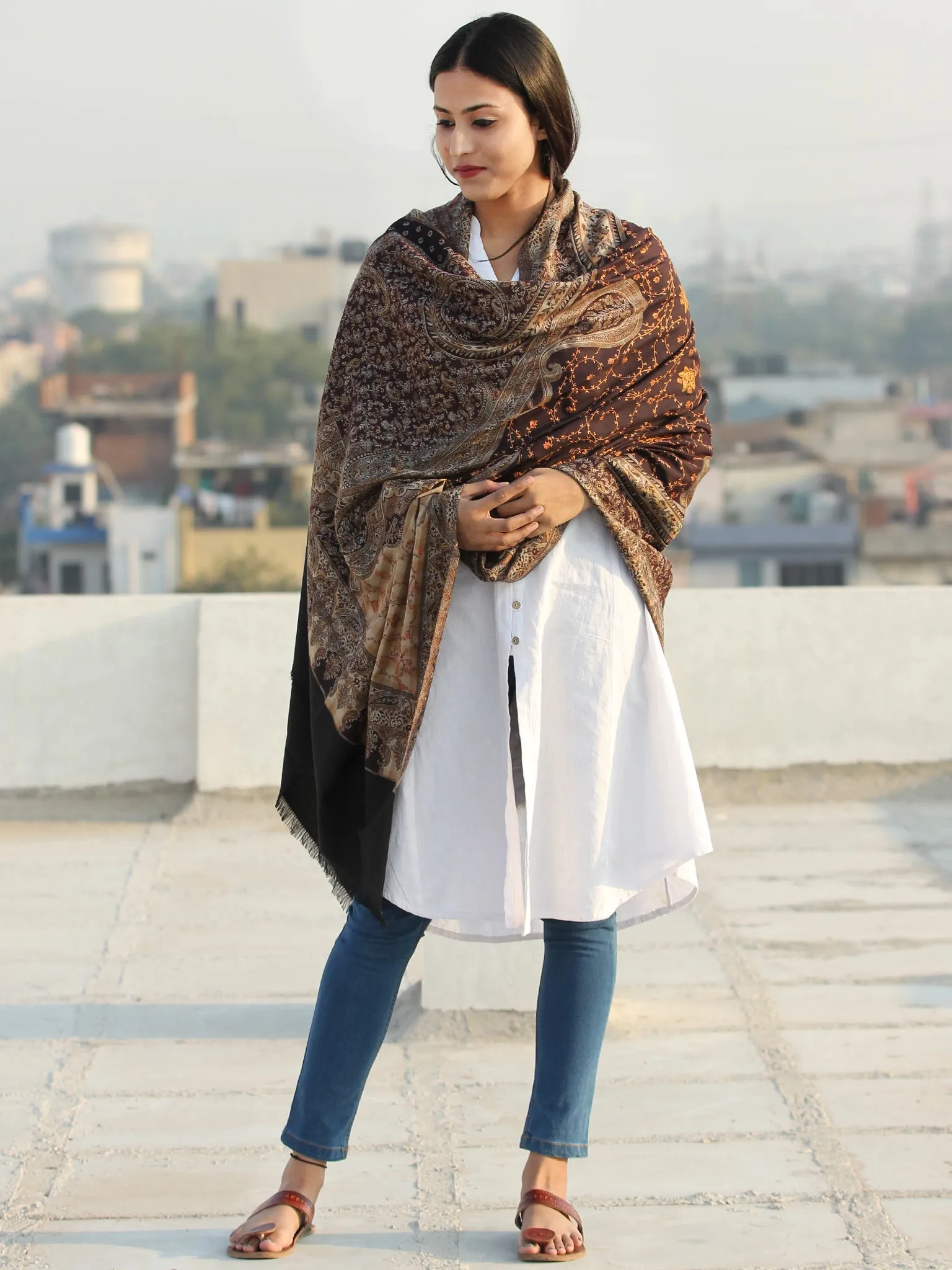 Black Beige Jamawar Needle Embroidered Woollen Kashmiri Shawl - S200506