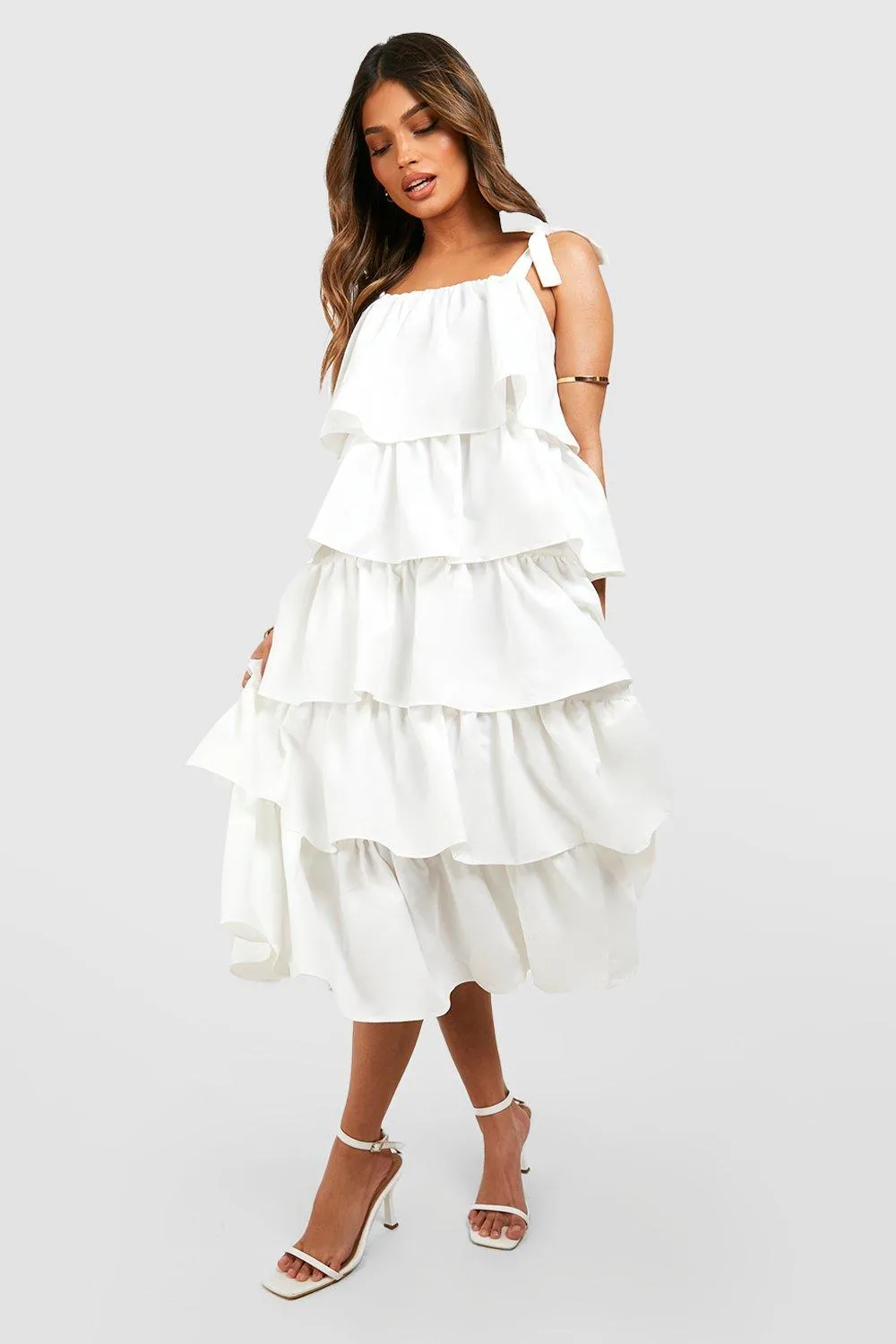Boohoo Ruffle Midi Dress, White