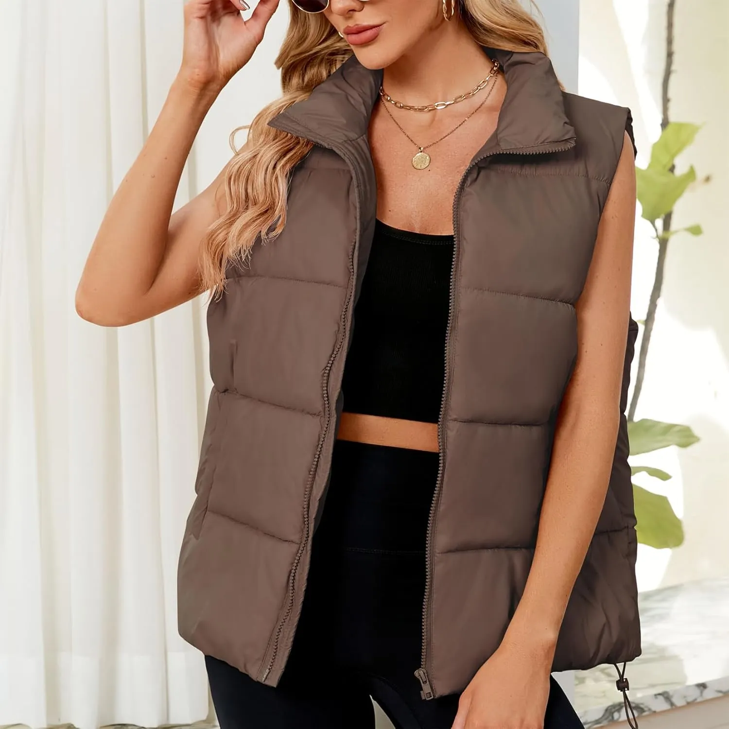 Century Star Puffer Vest for Women's Outerwear Vests Puffy Oversized 2024 Quilted Vest Tops Jackets Coat with Pockets