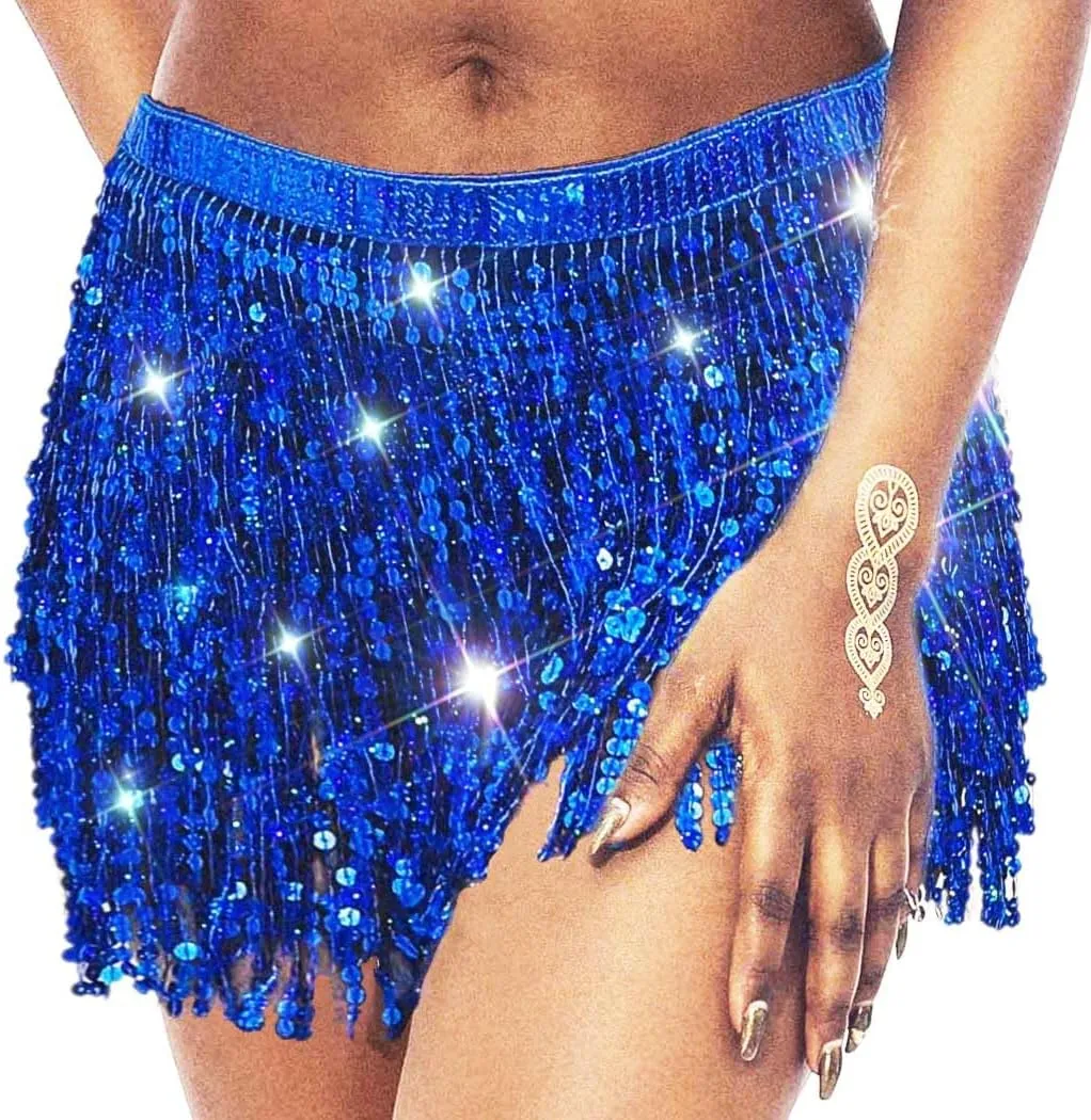 DRESBE Fringe Sequin Belly Dance Skirt Rave Festival Outfits for Women