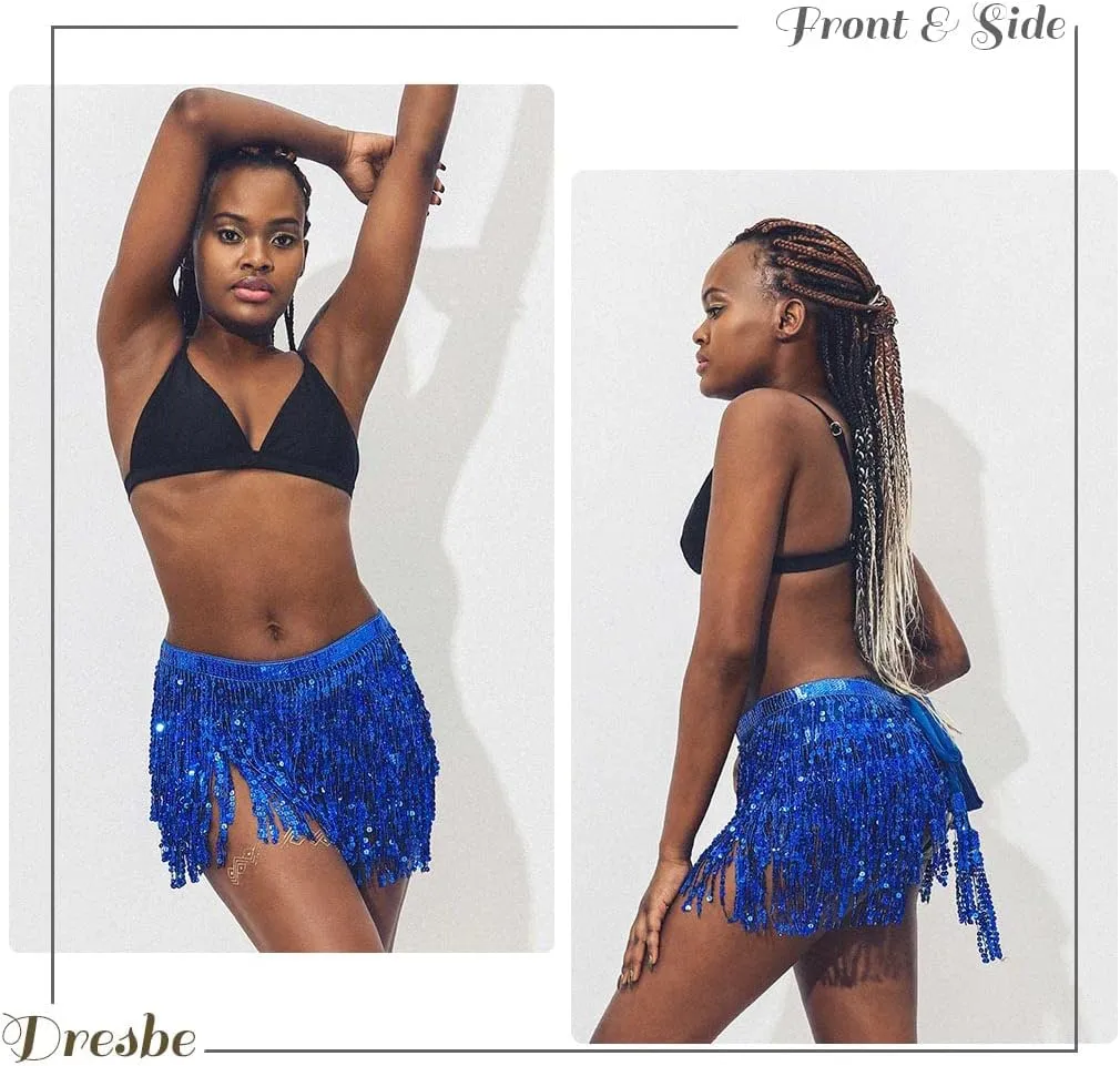 DRESBE Fringe Sequin Belly Dance Skirt Rave Festival Outfits for Women