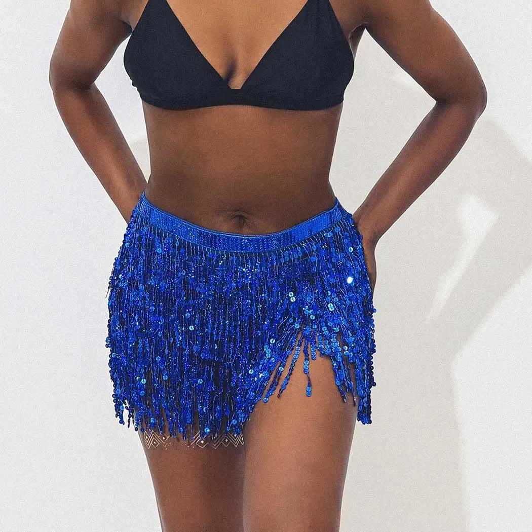 DRESBE Fringe Sequin Belly Dance Skirt Rave Festival Outfits for Women