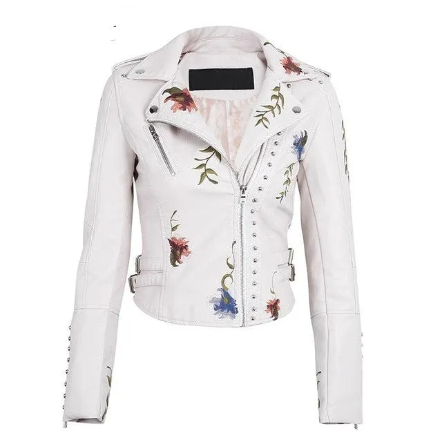Embroidered Floral Faux Leather Jacket Outerwear