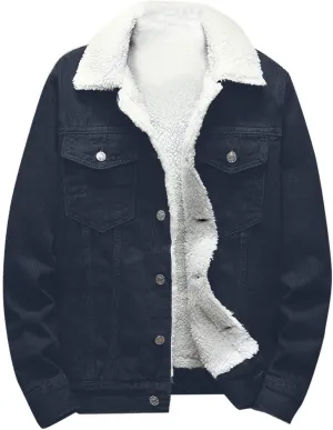 Faux Fur Coat Men Denim Button up Jacket Fleece Lined Jackets Fur Collar Jacket Warm Winter Coats with Pockets