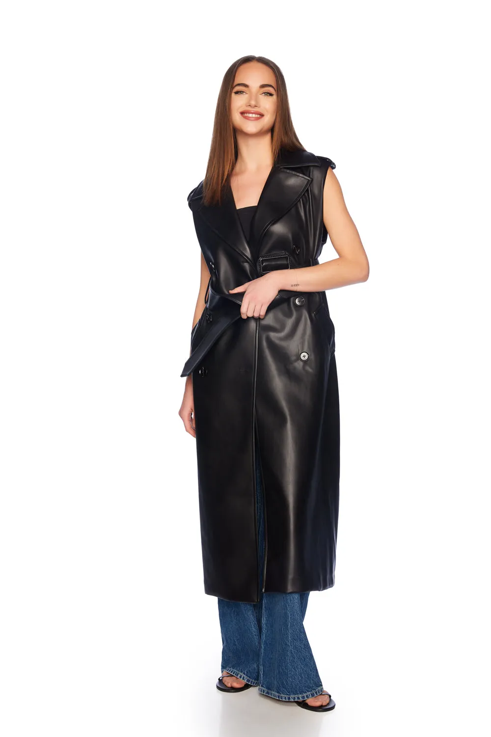 faux leather sleeveless trench