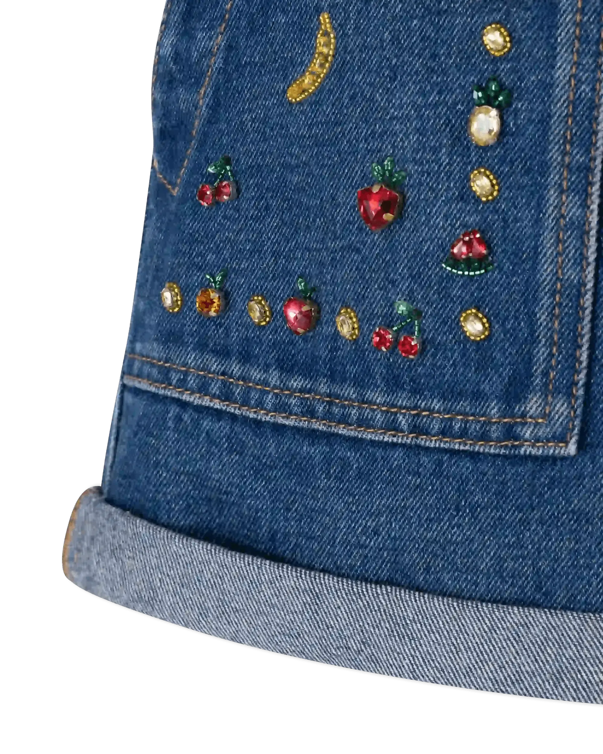 Fruit Embellished Denim Shorts