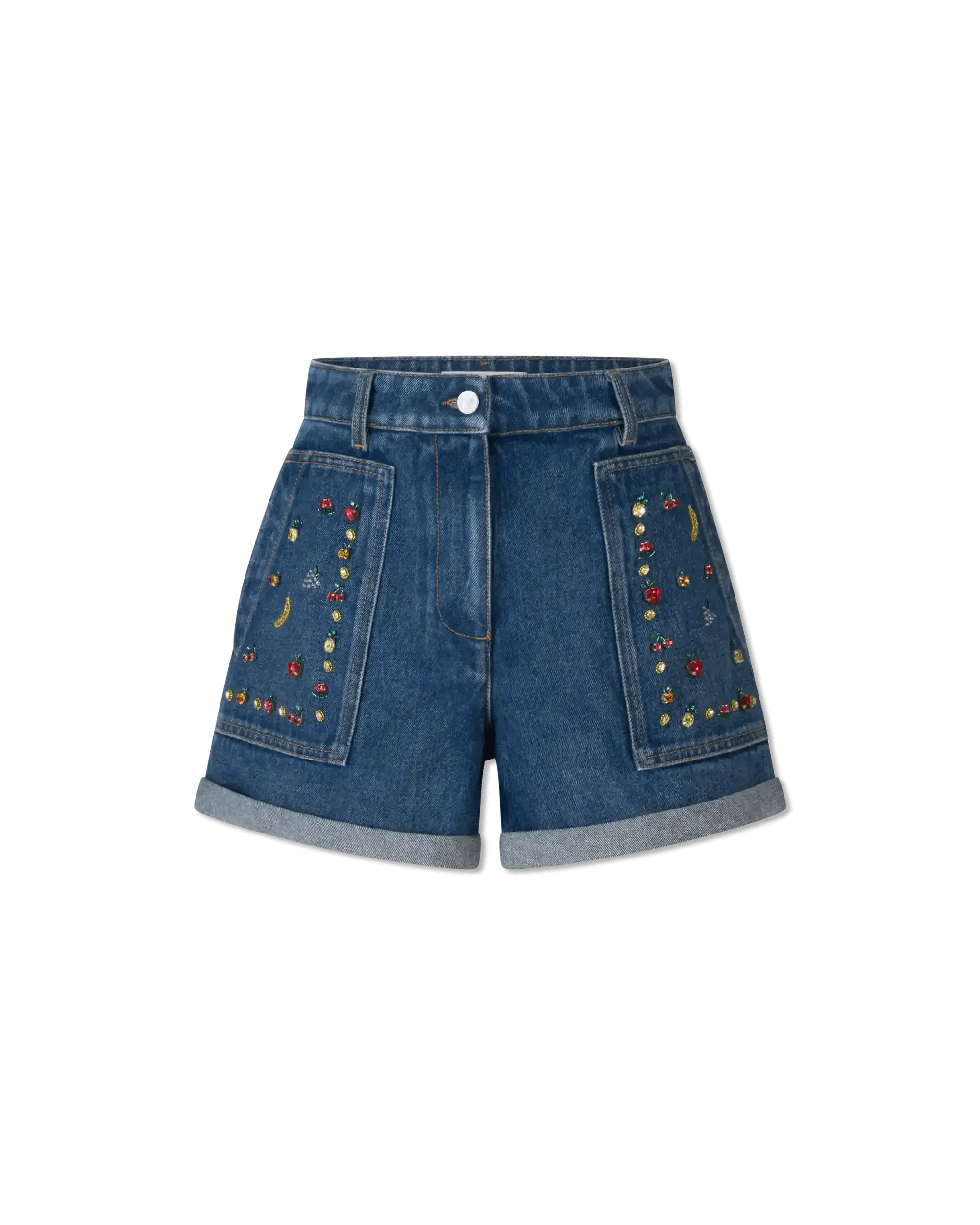 Fruit Embellished Denim Shorts