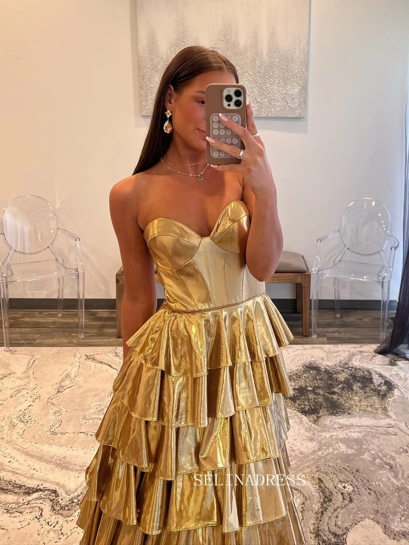 Gold Sweetheart Long Prom Dress Ruffles Ball Gown Long Evening Gowns SEW1256
