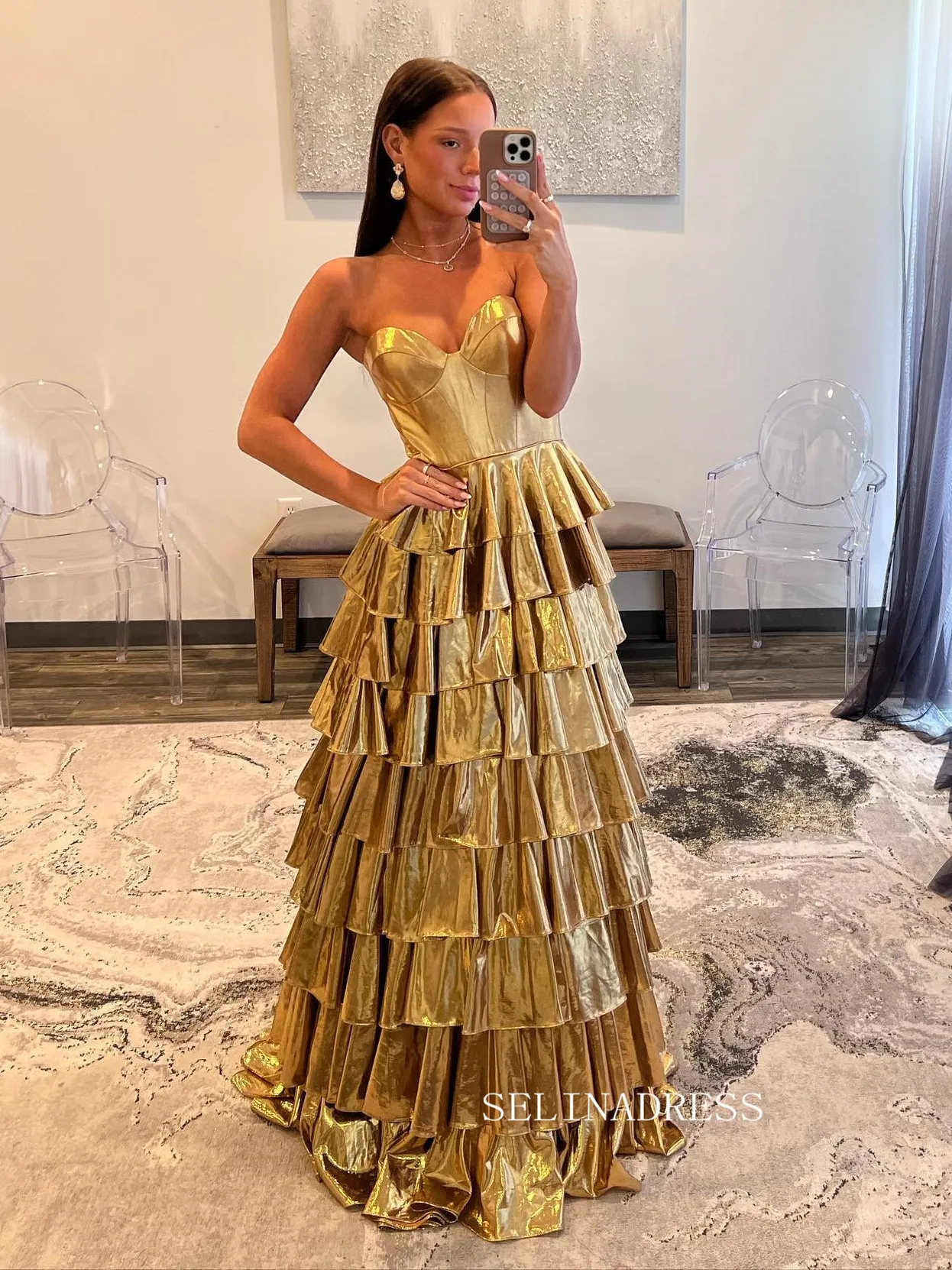 Gold Sweetheart Long Prom Dress Ruffles Ball Gown Long Evening Gowns SEW1256