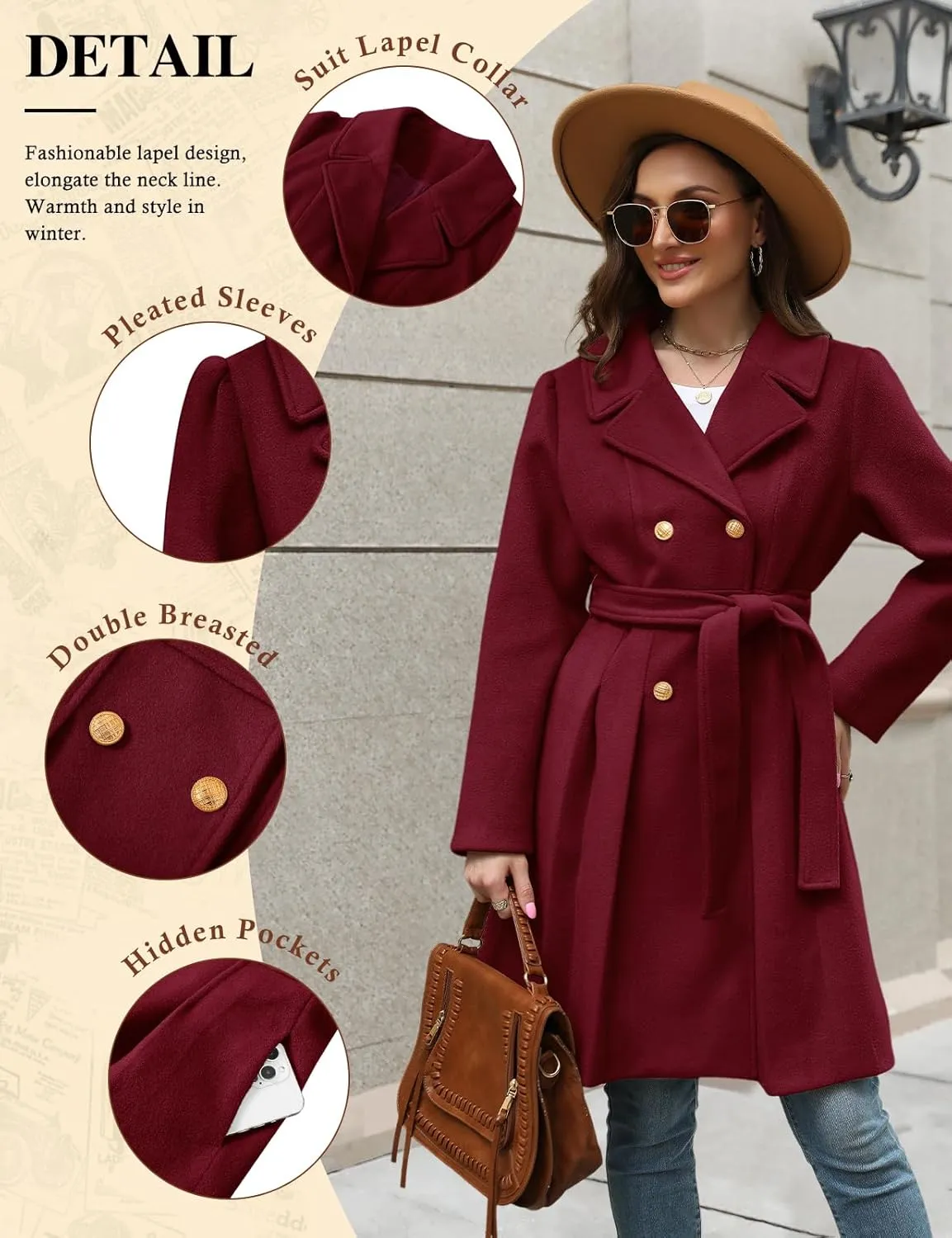 HEEKPEK Women??s Wool Blend Trench Coat Slim Double Breasted Notch Lapel Pea Coat Thick A Line Jacket with Pockets(S-XXL)