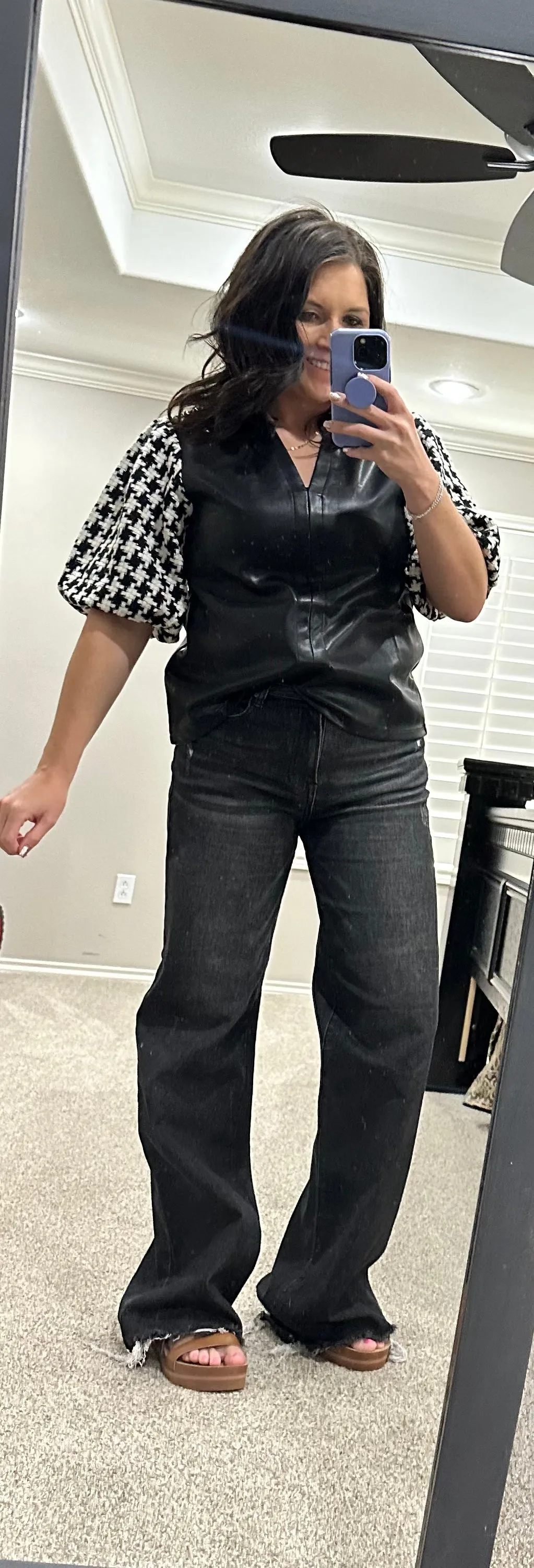 Houndstooth Sleeve Leather Top