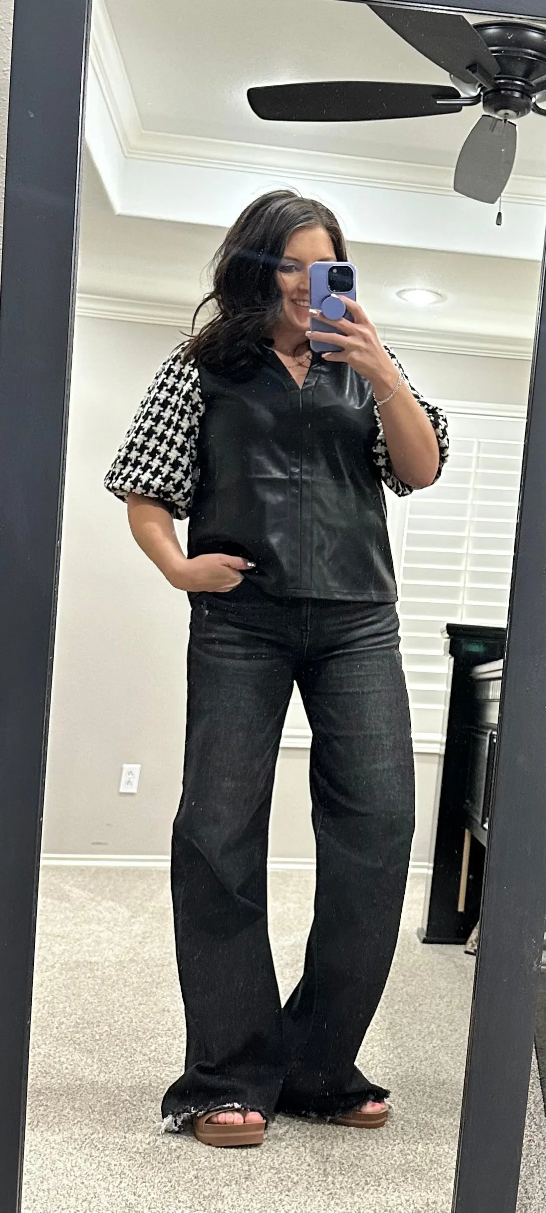 Houndstooth Sleeve Leather Top