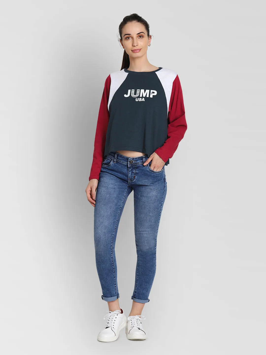 JUMP USA Women Navy Blue Self Design Crop Top