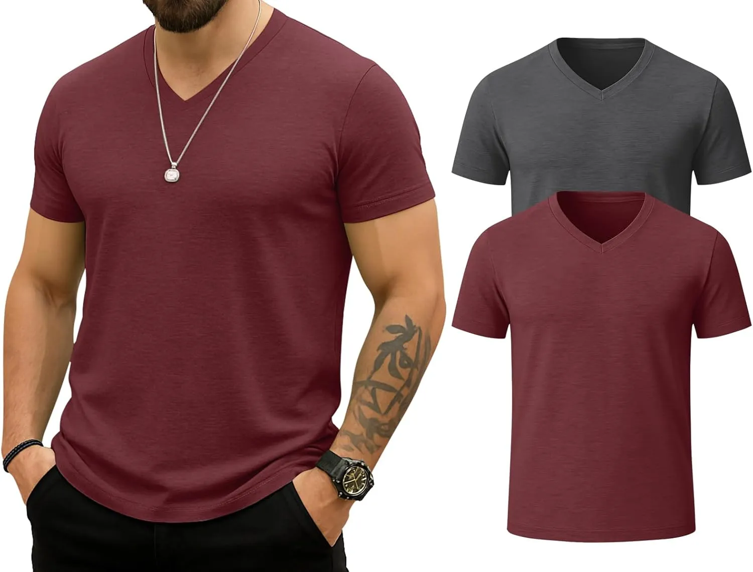 KESIHAN Men's T Shirts V Neck 2 Pack Tees Breathable Everyday Essential Casual Tops