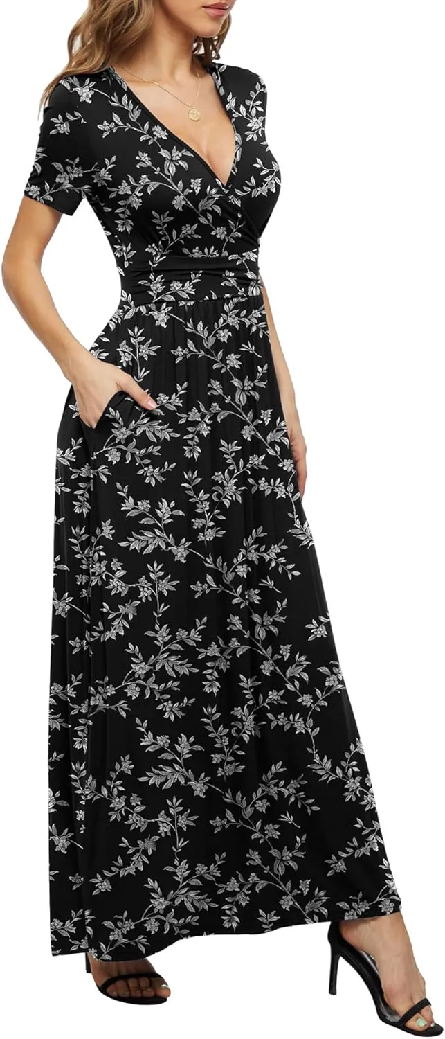 LILBETTER Women's Summer Short Sleeves Dress Wrap Waist Maxi Dresses with Pockets