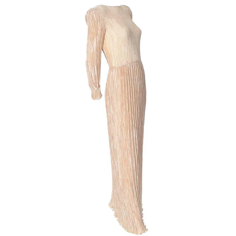 Mary McFadden Pleated Silk Vintage Evening Gown Gold Macrame Open Back Size 4