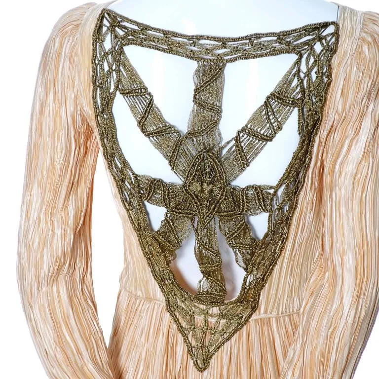 Mary McFadden Pleated Silk Vintage Evening Gown Gold Macrame Open Back Size 4