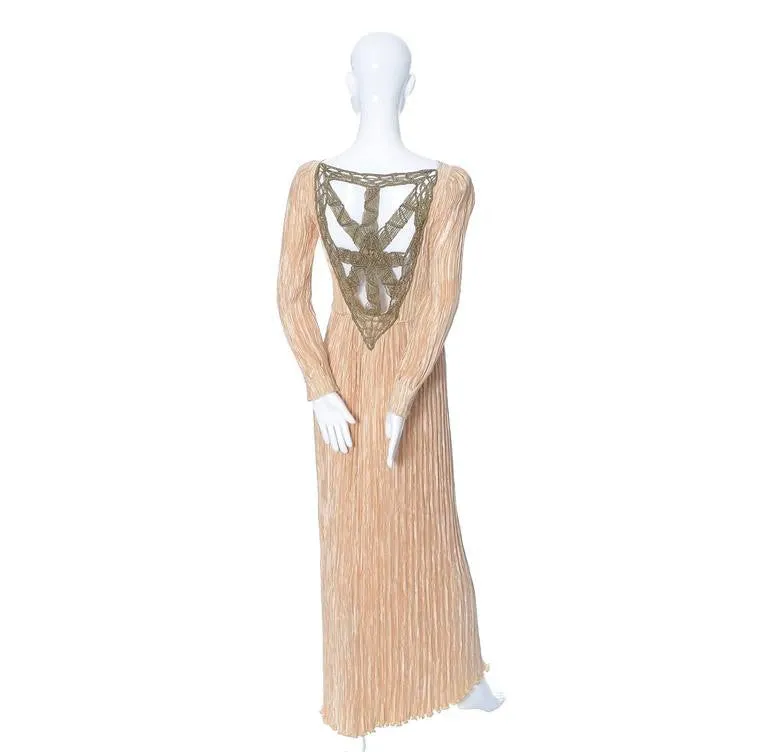 Mary McFadden Pleated Silk Vintage Evening Gown Gold Macrame Open Back Size 4