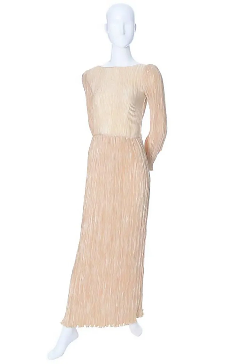 Mary McFadden Pleated Silk Vintage Evening Gown Gold Macrame Open Back Size 4