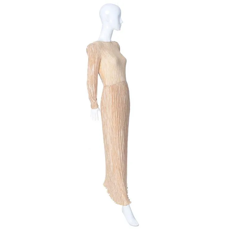 Mary McFadden Pleated Silk Vintage Evening Gown Gold Macrame Open Back Size 4