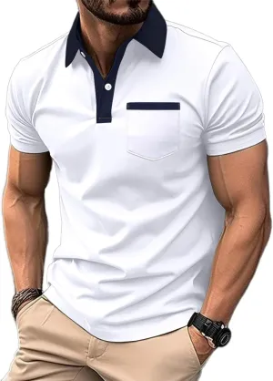 Mens Casual Polo Shirts Classic Short Sleeve Golf Shirt Fashion Button Cotton Top with Pocket