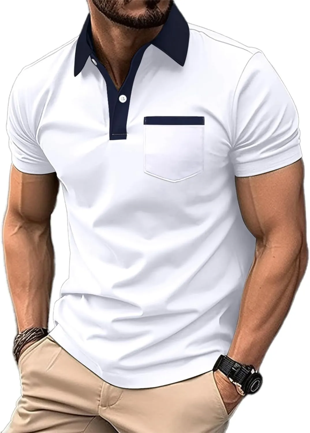 Mens Casual Polo Shirts Classic Short Sleeve Golf Shirt Fashion Button Cotton Top with Pocket