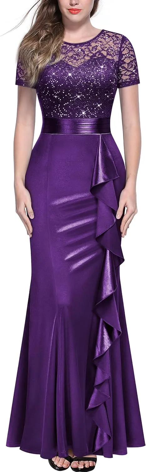 Miusol Women's Elegant Sequin Lace Contrast Ruffle Style Formal Evening Long Dress