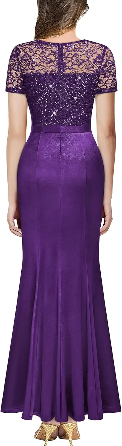 Miusol Women's Elegant Sequin Lace Contrast Ruffle Style Formal Evening Long Dress