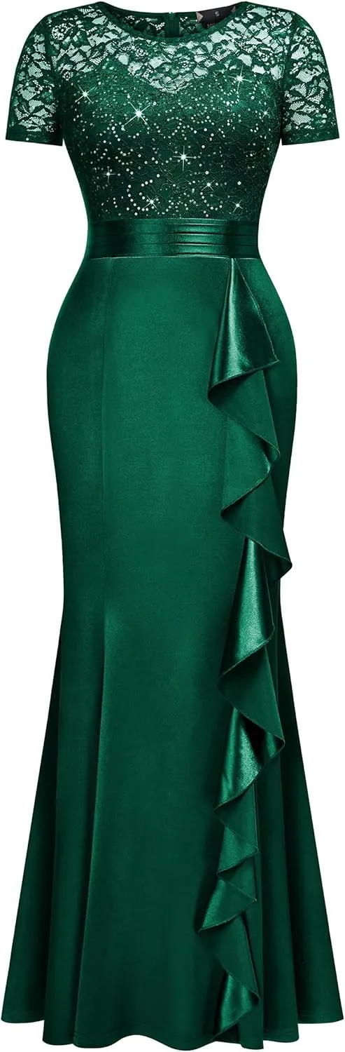 Miusol Women's Elegant Sequin Lace Contrast Ruffle Style Formal Evening Long Dress