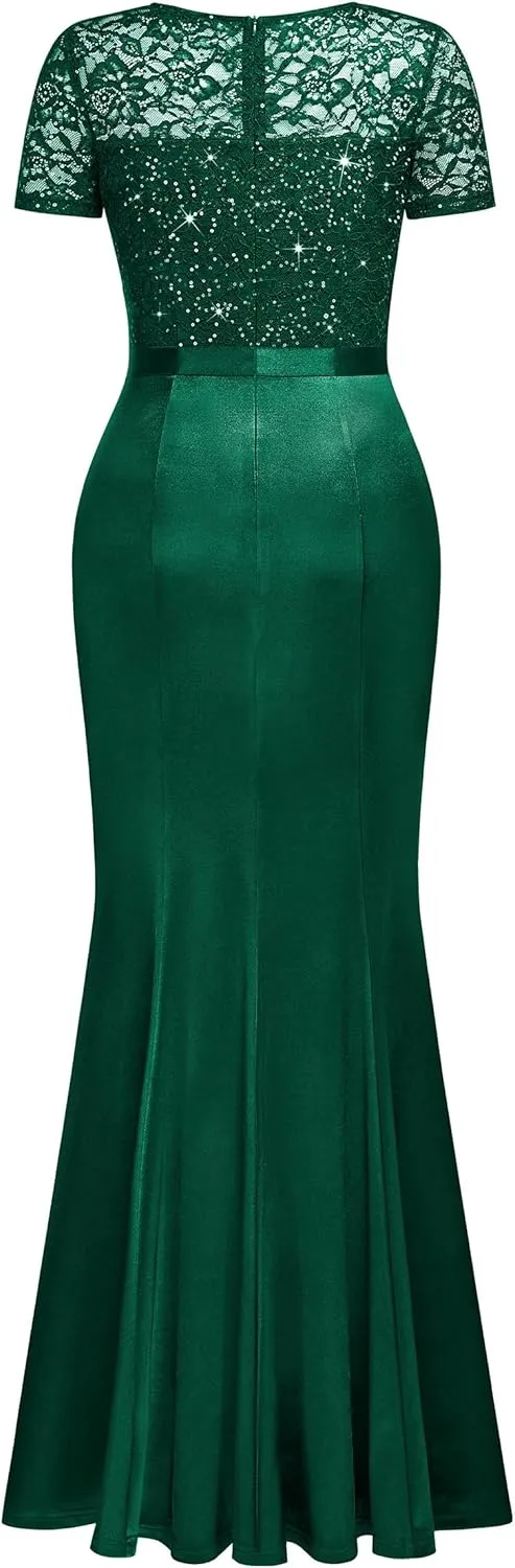 Miusol Women's Elegant Sequin Lace Contrast Ruffle Style Formal Evening Long Dress