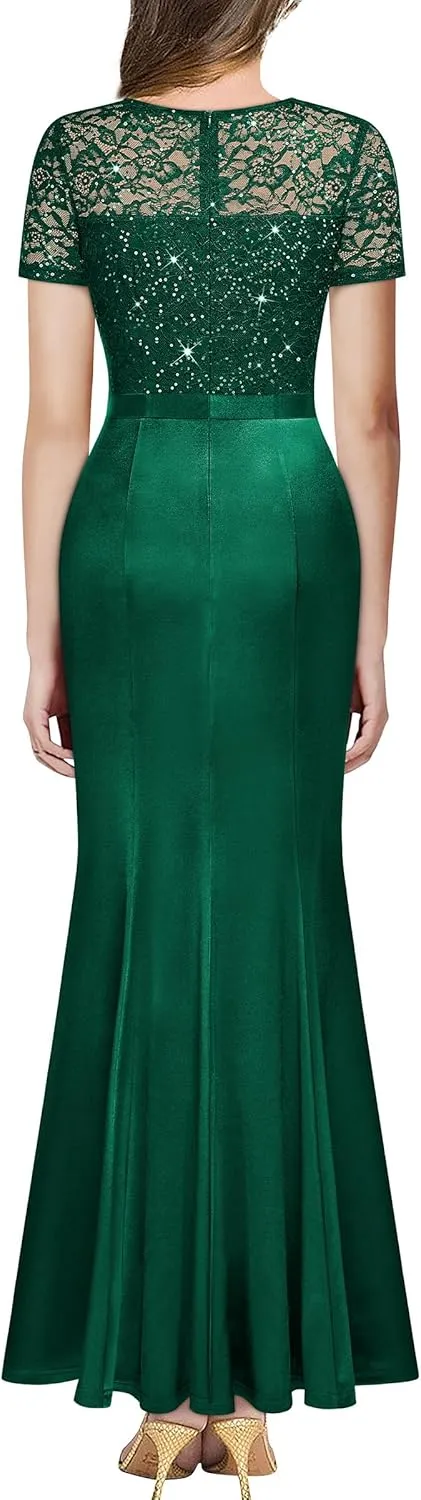 Miusol Women's Elegant Sequin Lace Contrast Ruffle Style Formal Evening Long Dress