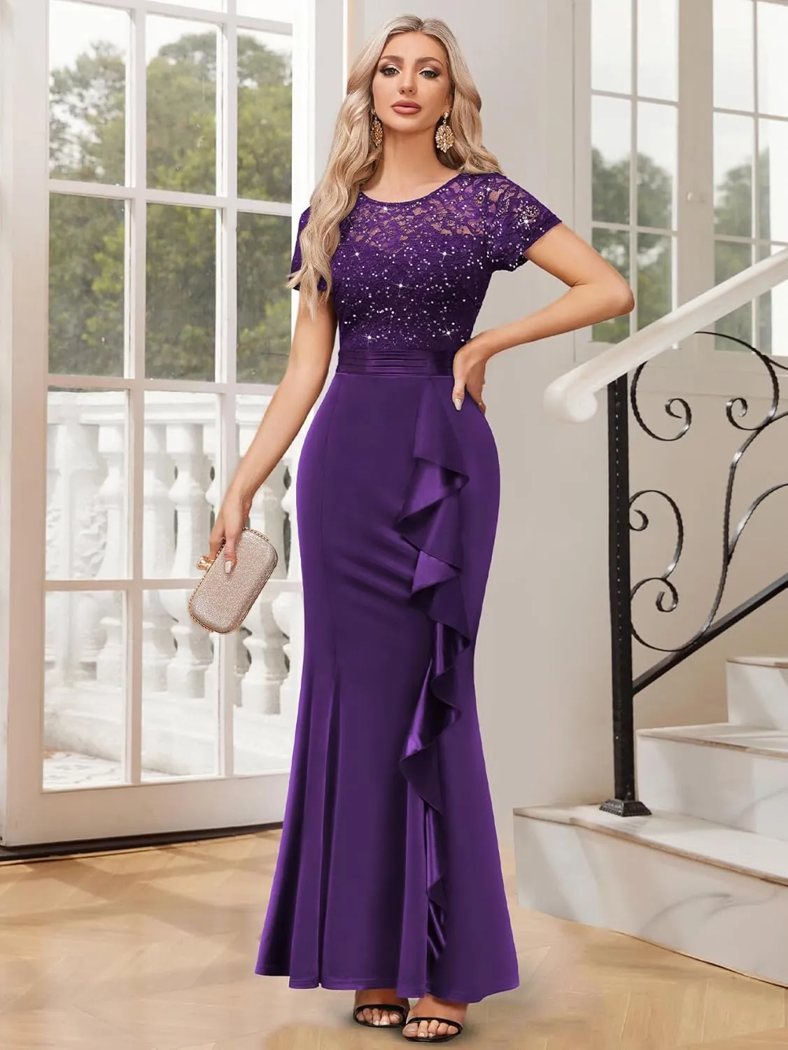 Miusol Women's Elegant Sequin Lace Contrast Ruffle Style Formal Evening Long Dress