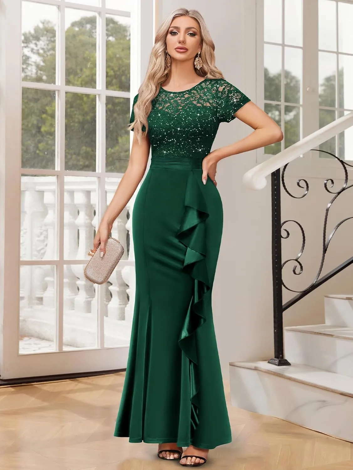 Miusol Women's Elegant Sequin Lace Contrast Ruffle Style Formal Evening Long Dress