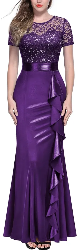 Miusol Women's Elegant Sequin Lace Contrast Ruffle Style Formal Evening Long Dress