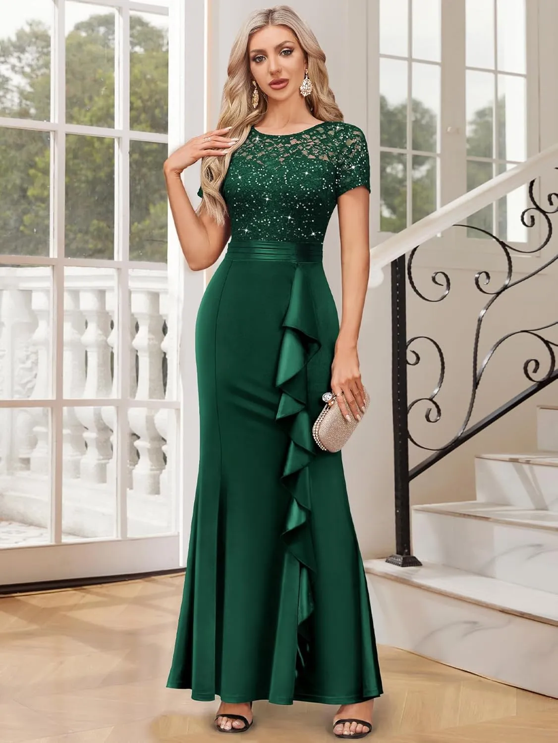 Miusol Women's Elegant Sequin Lace Contrast Ruffle Style Formal Evening Long Dress