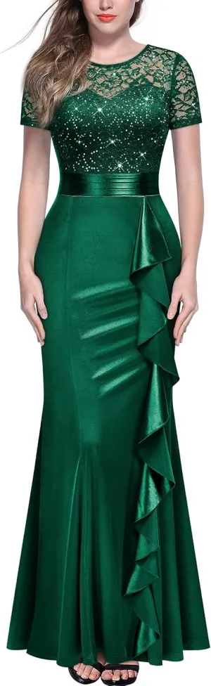 Miusol Women's Elegant Sequin Lace Contrast Ruffle Style Formal Evening Long Dress